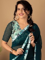 Peacock Green Fancy Dyed Digital Print Saree